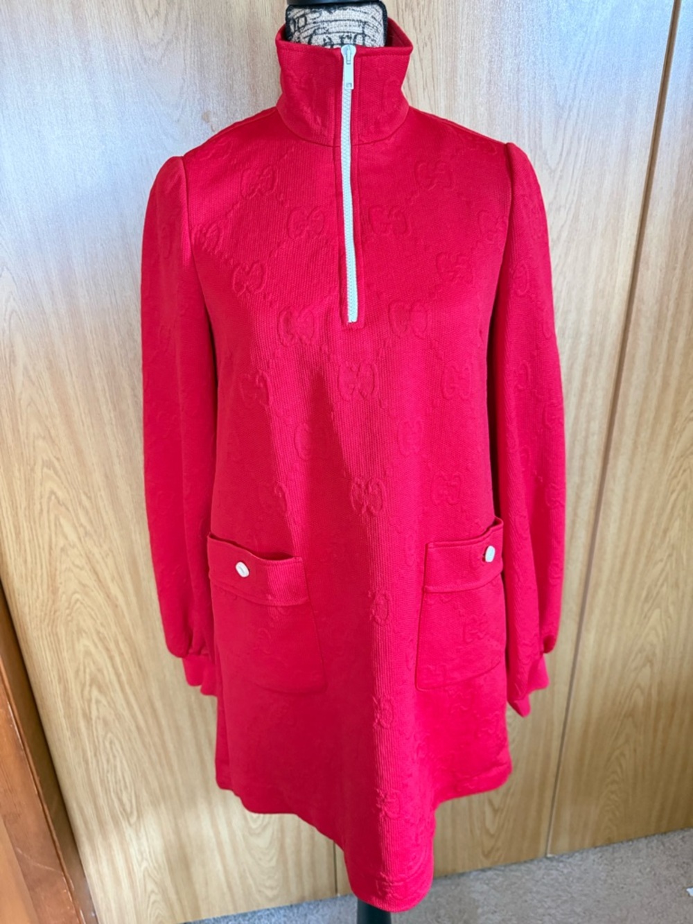 Gucci Red Embossed Half-Zip Mini Dress